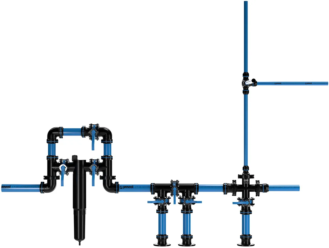 Prevost push-to-connect compact connector system for compressed air piping
