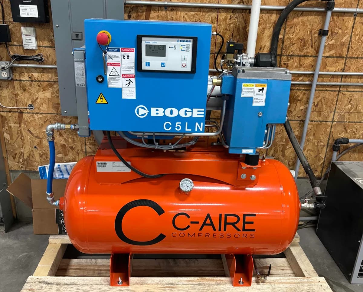 BOGE compressor at an auto body shop in Forest City, Iowa